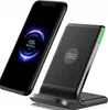 A black wireless charger stand with a smartphone placed on it, showing a fast charging animation. Produktbild-Vorschau