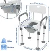 A diagram showing the dimensions of a shower chair with a toilet bucket, armrests, and adjustable legs. Náhled obrázku produktu