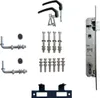 A collection of hardware components for a gate or door, including handles, keys, bolts, and a lock mechanism, laid out on a white background. Produktbild-Vorschau