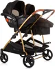 A black and gold twin stroller is shown against a white background. Produktbild-Vorschau