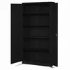 A black metal storage cabinet with its doors open, displaying multiple shelves. Náhled obrázku produktu