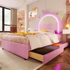 A child's bedroom with a pink platform bed featuring a whimsical headboard and integrated storage drawers.