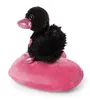 A black plush swan with pink accents sits on a pink plush heart. Produktbild-Vorschau