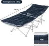 A dark blue padded mattress on a foldable camping bed frame, with dimensions indicated. Náhled obrázku produktu