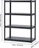 A black metal shelving unit with four shelves, shown against a white background. Dimensions are indicated with measurement lines and text. Podgląd zdjęcia produktu