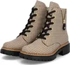 A pair of beige and black houndstooth pattern lace-up boots with a side zipper. Voir les images du produit