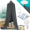 A collage of images showing a gray canopy, mounting hardware, and a storage bag for a child's room. Produktbild-Vorschau