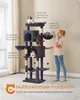 A woman is interacting with a multi-level cat tree that has several cats on it. The cat tree is in a room with a window and curtains. Produktbild-Vorschau