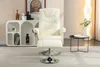 A beige massage chair with a footrest is shown in a room with a white cabinet and a small side table. Produktbild-Vorschau