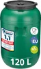 A green plastic barrel with various labels and symbols on it, set against a white background. Produktbild-Vorschau