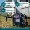 A generator is shown outdoors with a person in the background, next to a camper van. Produktbild-Vorschau