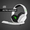 A white gaming headset with a microphone is shown against a gray background. Text overlays indicate "ASTRO AUDIO V2" and a logo. Produktbild-Vorschau