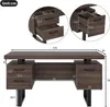 A diagram of a desk with dimensions and close-ups of drawers. Podgląd zdjęcia produktu