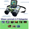 A vtech interactive video binoculars with various features labeled and a grid of images showcasing different categories of knowledge. Voir les images du produit