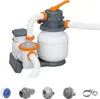 A sand filter pump system for a swimming pool, shown with several small accessory parts at the bottom. Produktbild-Vorschau