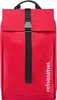 A red backpack with a black strap and buckle. Voir les images du produit