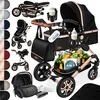 A collage of product images showing a black and gold 4-in-1 stroller set with various accessories and color options. Produktbild-Vorschau