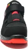 Close-up front view of a black and red safety sandal. Produktbild-Vorschau