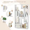 A collage of images showcasing a white geometric bookshelf and its potential uses for books, decorations, plants, and photos. Podgląd zdjęcia produktu