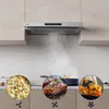 A kitchen scene featuring a range hood above a countertop, with three circular insets showing different food preparations. Náhľad obrázku produktu