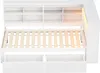 A white daybed with a slatted base, two drawers underneath, and a bookshelf unit attached to the headboard. There is subtle yellow lighting in the top right corner of the bookshelf. Produktbild-Vorschau