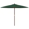 A green patio umbrella with a wooden pole is shown against a white background. Produktbild-Vorschau
