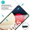 A close-up of a smartphone screen protector being applied to a Samsung Galaxy A02s/A03s phone, with text indicating it is case-friendly. Produktbild-Vorschau