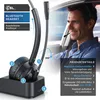 A man wearing a headset in a car, with product details and features highlighted. Produktbild-Vorschau