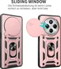 Two views of a rose gold phone case with a sliding camera cover and a ring holder. Produktbild-Vorschau