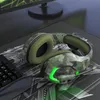A gaming headset with a camouflage pattern is placed on a desk next to a keyboard, with a computer monitor in the background. Produktbild-Vorschau