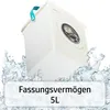 A white washing machine is shown partially submerged in water, with a white storage box in front of it. Text overlays indicate capacity. Produktbild-Vorschau