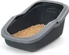 A dark gray and light gray open-top litter box filled with wood pellet litter. Produktbild-Vorschau