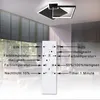 A modern LED ceiling light fixture with a remote control and its functions labeled. Produktbild-Vorschau