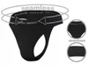 A black men's string underwear is shown with text overlays and close-up views highlighting its features. Produktbild-Vorschau