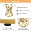 A collage of images showcasing the features of a round dining table with a marble-like top and gold metal legs. Voir les images du produit