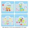 Four separate images of a pegboard toy with colorful pegs arranged in different patterns, resembling a suitcase. Produktbild-Vorschau