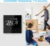 A smart thermostat is shown on the left, and a family is in the background on the right, with children playing. Podgląd zdjęcia produktu
