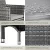 A collage of four images showcasing details of a rattan chair, including its cushion, water-repellent fabric, feet, and woven material. Produktbild-Vorschau