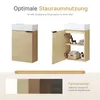 A bathroom vanity cabinet shown closed and open, with color swatches below. Náhled obrázku produktu