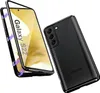A black Samsung Galaxy S22 phone case is shown, with the phone inside the case. The case is transparent on the front and back, with a black aluminum frame. Produktbild-Vorschau