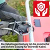 A gloved hand is shown holding a cable management device attached to a cable, with a red marketing overlay in the top right corner. Produktbild-Vorschau