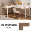 A white L-shaped desk with a chair and office supplies, shown with a diagram of its dimensions. Produktbild-Vorschau