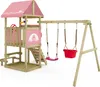 A children's play structure with a pink roof and accents, featuring swings, a slide, and a sandpit area. Produktbild-Vorschau