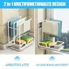 A split image showing a kitchen organizer in two different settings: on a countertop and mounted on a wall near a window. Produktbild-Vorschau