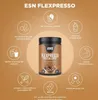 A product shot of a protein powder container surrounded by icons and text highlighting its features. Produktbild-Vorschau