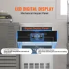 A close-up view of the digital display panel of a commercial ice maker, with text overlays explaining its features. Produktbild-Vorschau