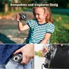 A collage of images showing a young girl holding a compact camera, a hand putting the camera into a pocket, and a hand placing the camera into a bag. Produktbild-Vorschau