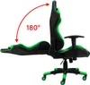 A gaming chair is shown in a reclined position, demonstrating its adjustable backrest. An arrow indicates a 180-degree recline. Produktbild-Vorschau