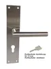 A stainless steel door handle set with a key and text describing the product. Produktbild-Vorschau