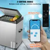 A portable refrigerator is shown with its lid open, displaying food and drinks. A smartphone is held in a hand, displaying an app interface, and a separate control panel is also visible. Produktbild-Vorschau